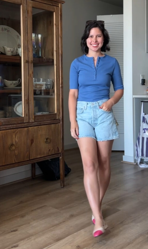 Sezane Theodora blue top with agolde shorts, Sezane sizing