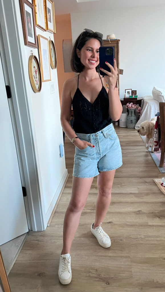 Sezane Francisco top with Agolde denim shorts