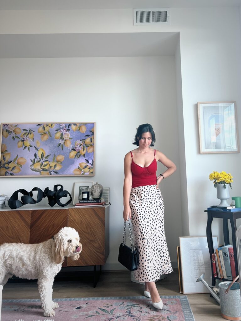 How to style a leopard print skirt transitioning from Summer to Fall- wearing Lovers and Friends skirt with Red Reformation bodysuit