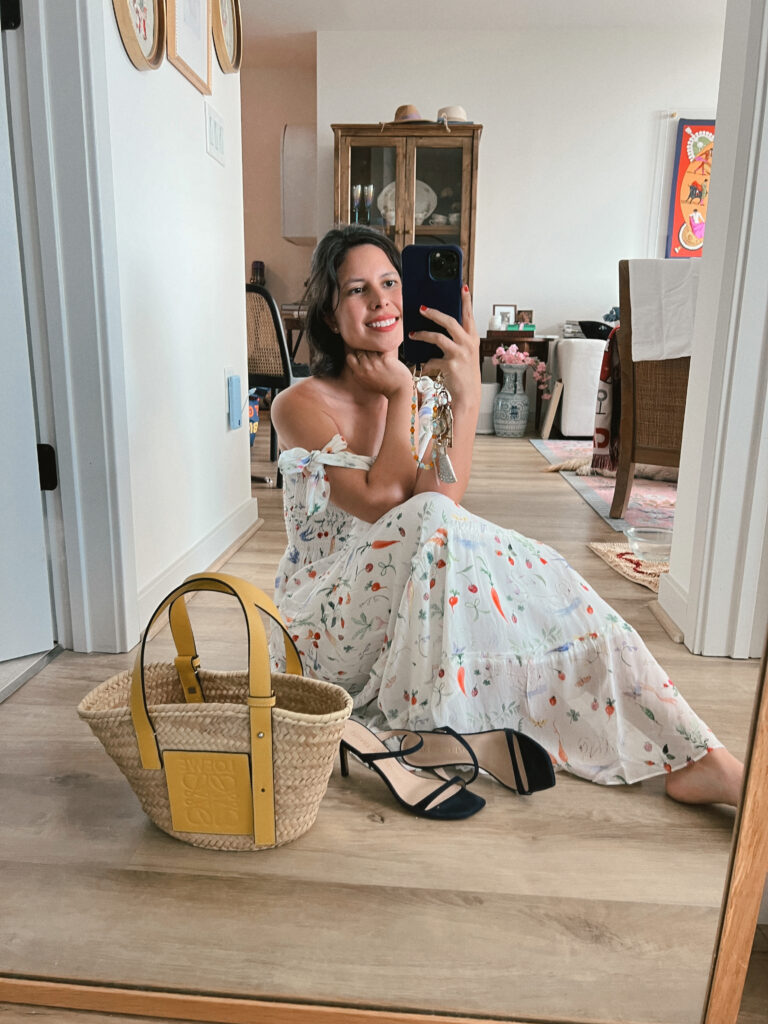 Hill House Nap Dress and a basket bag, Summer style with the best basket bags for summer